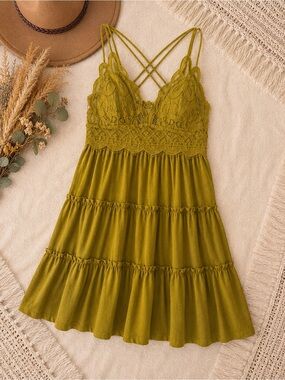 Citrine-Chartreuse Lace Mini Dress with Crisscross Back